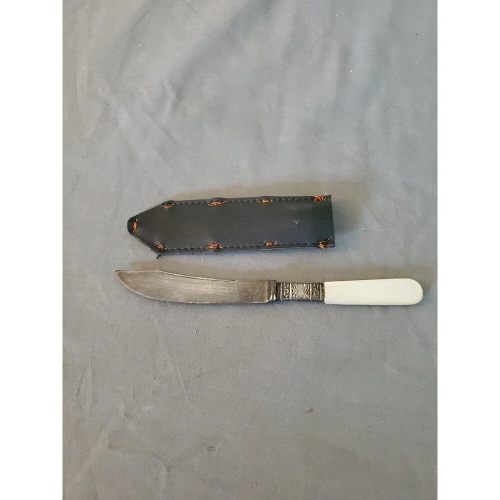 ANTIQUE 1866? MERIDEN CUTLERY FRUIT KNIVE MOP HANDLES STERLING SILVER BANDS